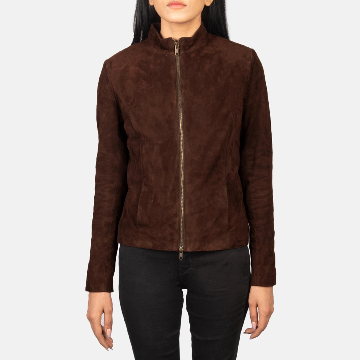 Womens Rumella Mocha Suede Biker Jacket Close Front-5-1720093554415